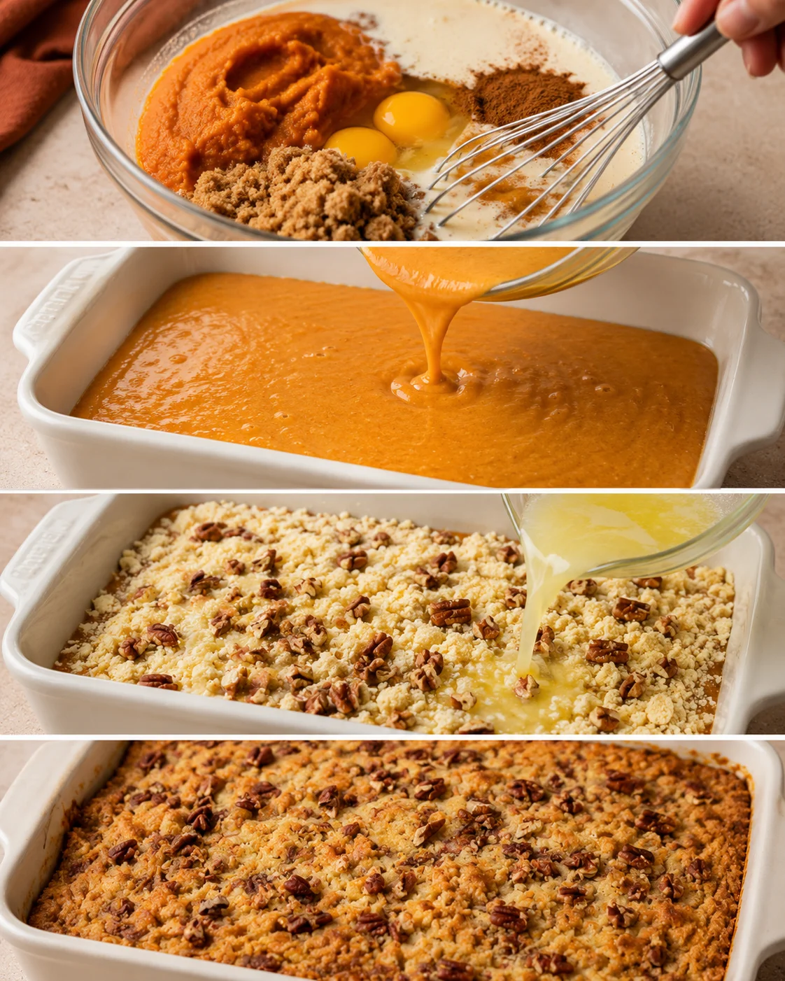 Steps of making pumpkin dump cake with mixing, pouring, and baked topping