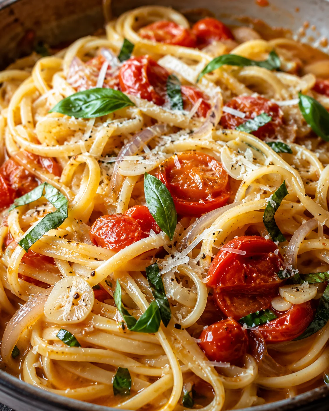 Close-up of a flavorful one-pan pasta with cherry tomatoes, basil, and Parmesan cheese