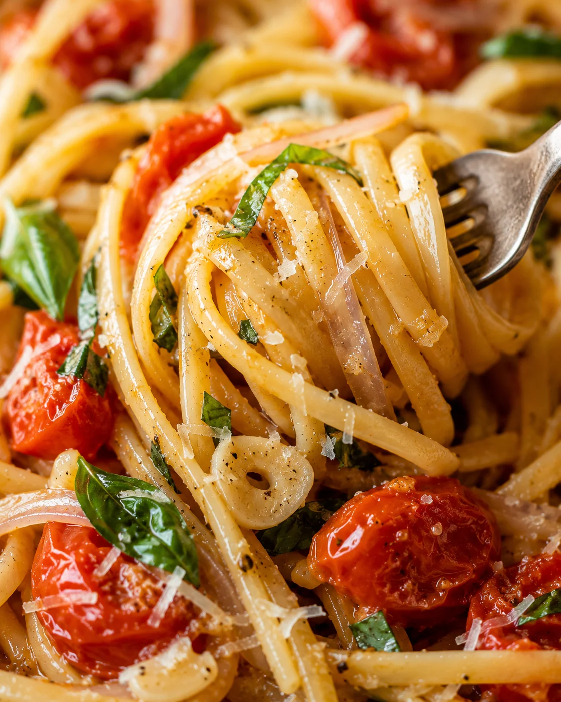 Close-up of creamy one-pan pasta with cherry tomatoes, basil, and Parmesan cheese