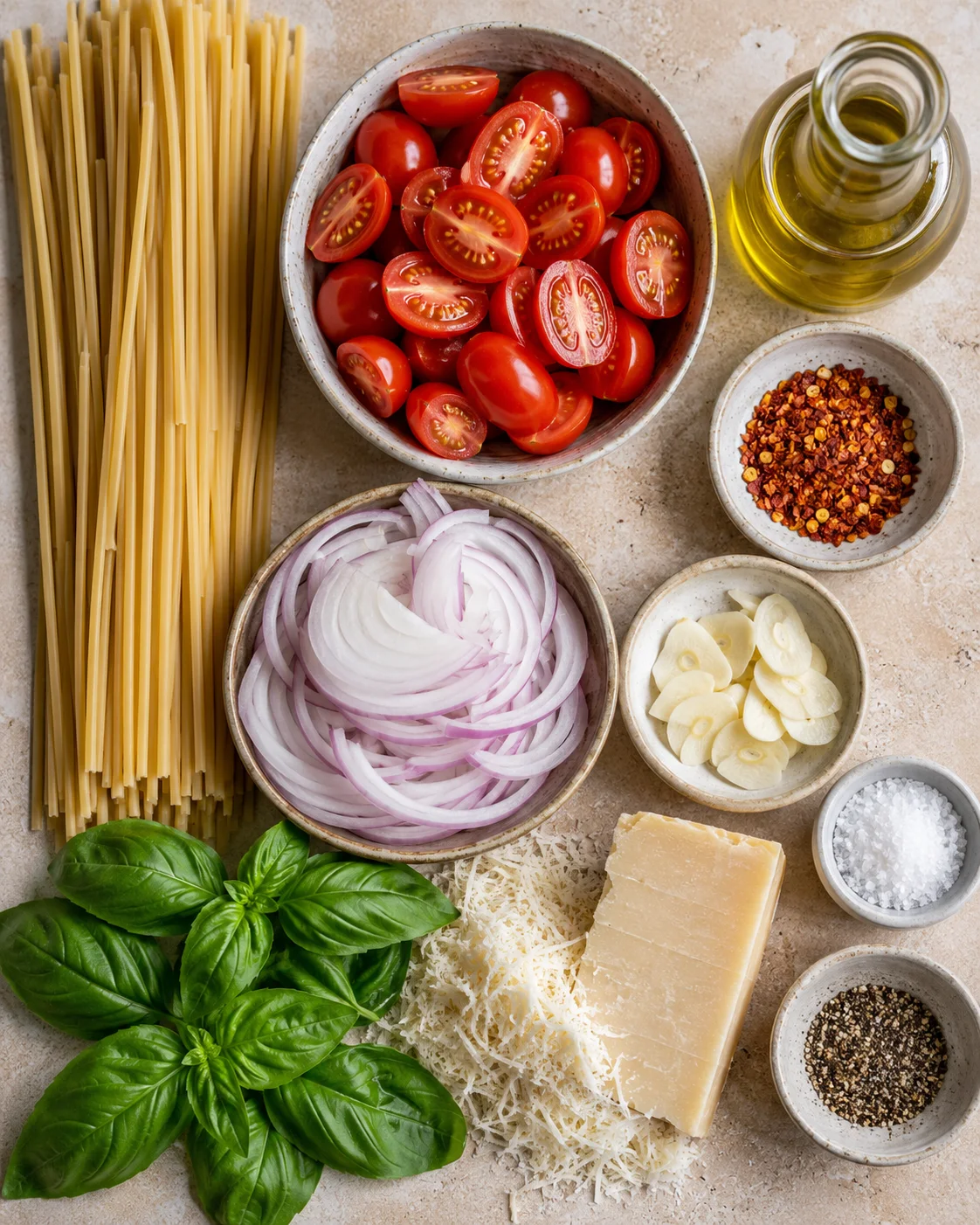 Assorted fresh ingredients including cherry tomatoes, garlic, basil, and pasta for one-pan pasta dish.