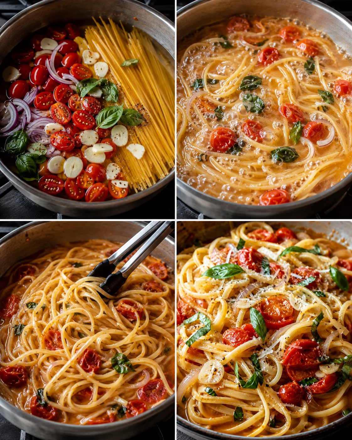 Step-by-step images of cooking cherry tomatoes, pasta, and basil together in a skillet