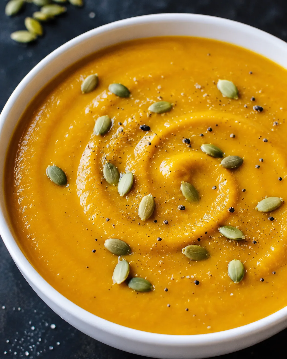 A bowl of smooth, creamy roasted pumpkin soup topped with seeds and spices.