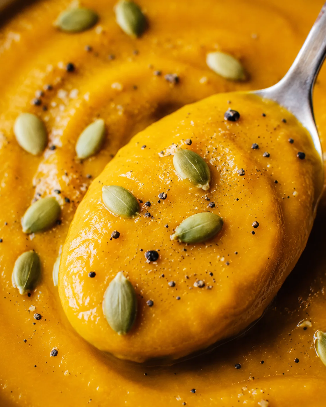 Close-up of a spoonful of creamy roasted pumpkin soup sprinkled with seeds and spices
