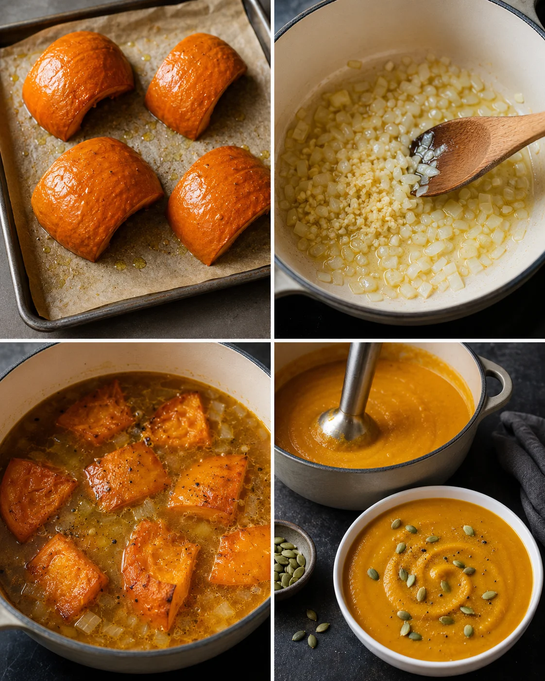 Images showing roasted pumpkin, diced onions, simmering soup, and blended pumpkin soup.