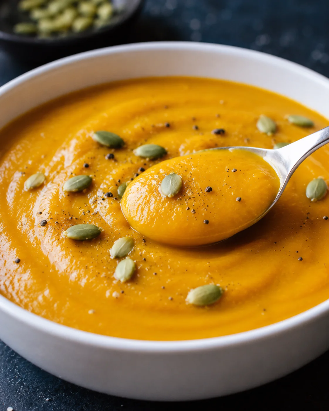 A bowl of smooth, creamy roasted pumpkin soup garnished with seeds and spices.