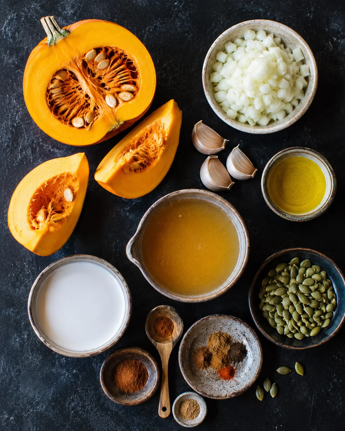 Freshly prepared roasted pumpkin with garlic, coconut milk, and spices for soup