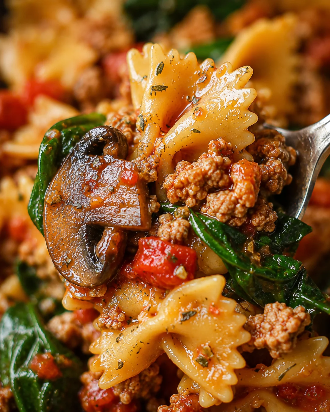 Close-up of pasta with sausage, spinach, mushrooms, and tomato sauce dish