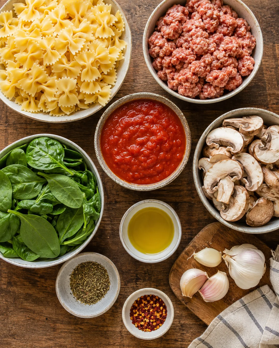 Bow-tie pasta with Italian sausage, spinach, mushrooms, and tomato sauce ingredients.