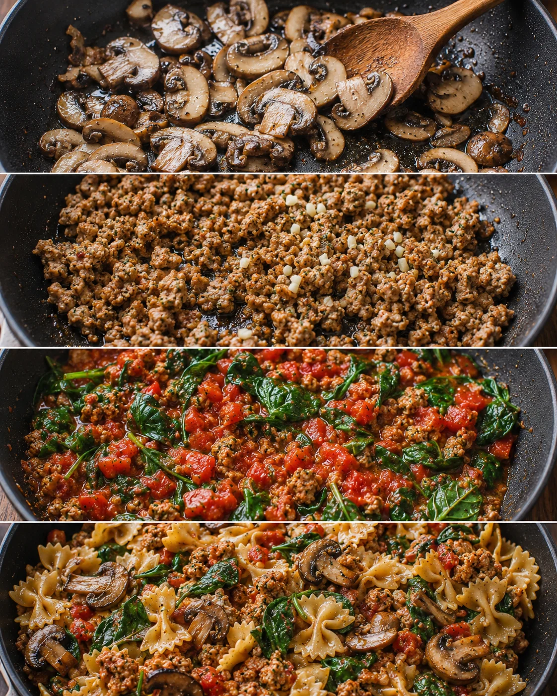 Close-up of cooked Italian sausage, mushrooms, spinach, and pasta in a skillet