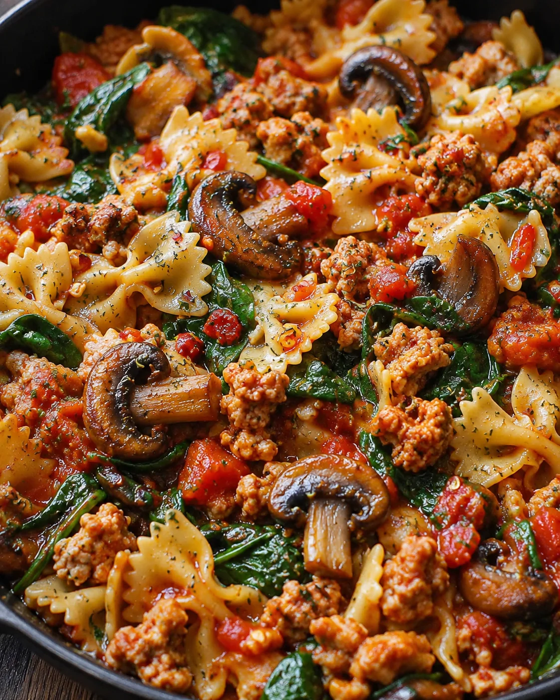 Close-up of cooked Italian sausage pasta with mushrooms and spinach in a skillet