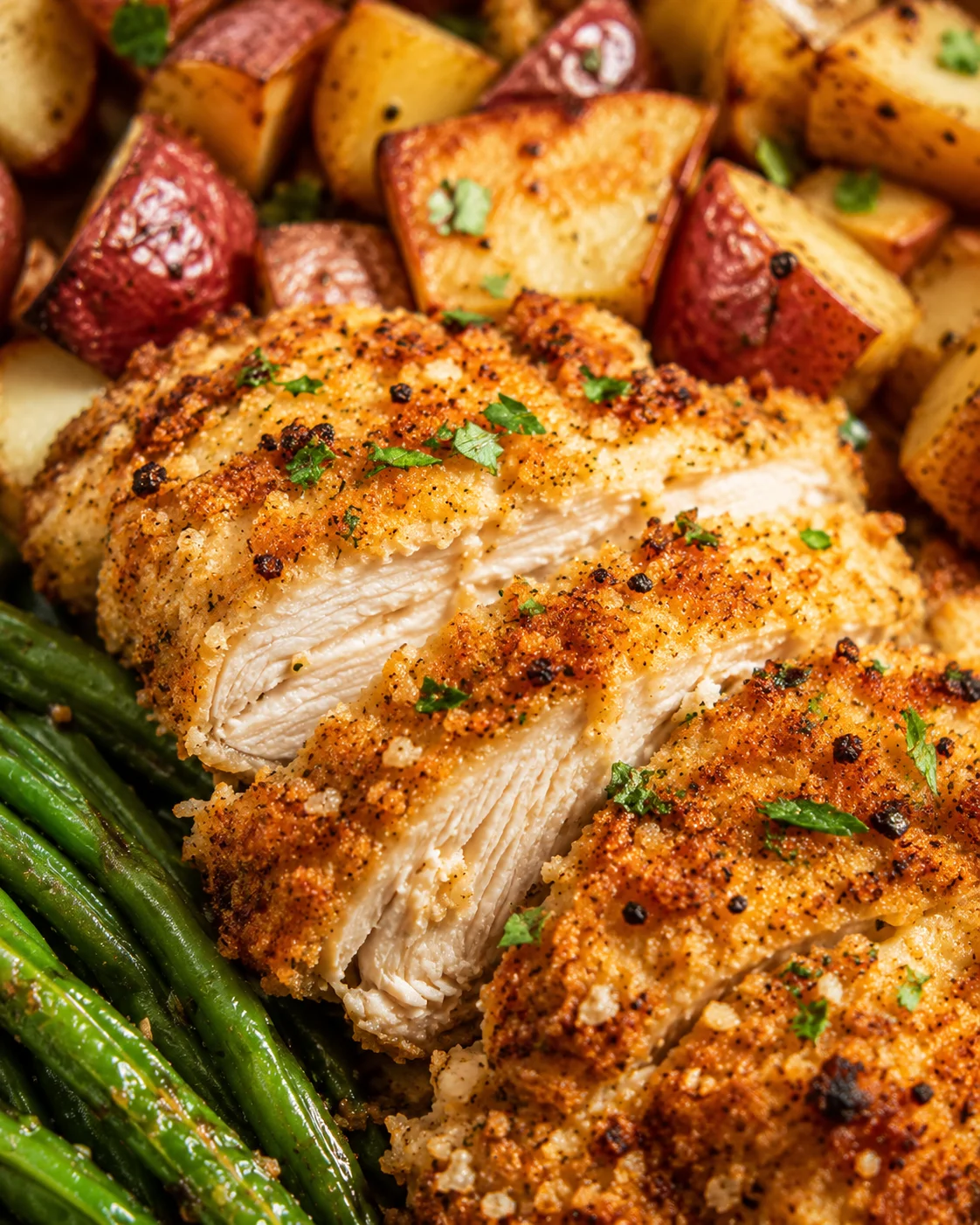 Close-up of crispy Parmesan crusted chicken with roasted potatoes and green beans.