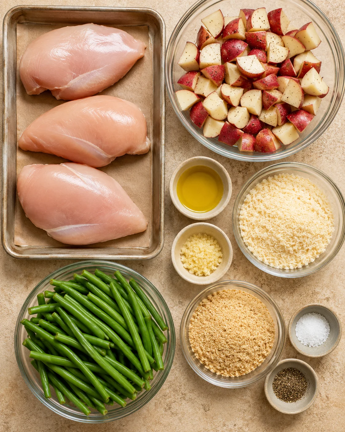 Raw chicken breasts, chopped red potatoes, green beans, and cheese ingredients arranged on a countertop.