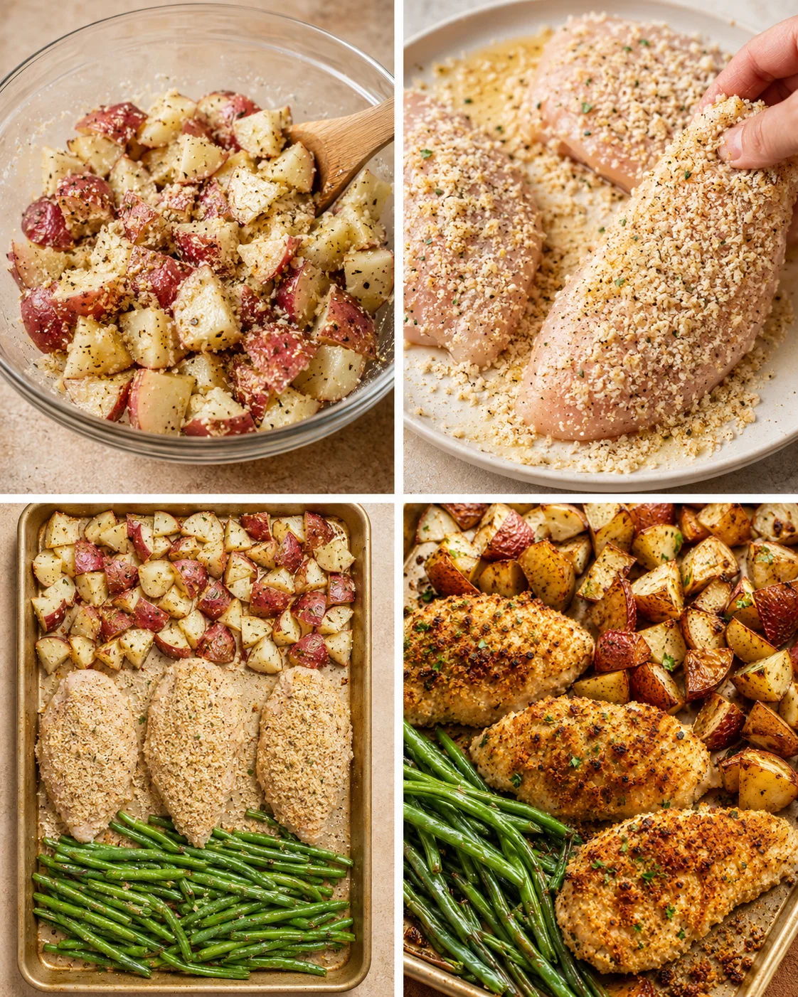 Delicious Parmesan crusted chicken served with roasted potatoes and green beans