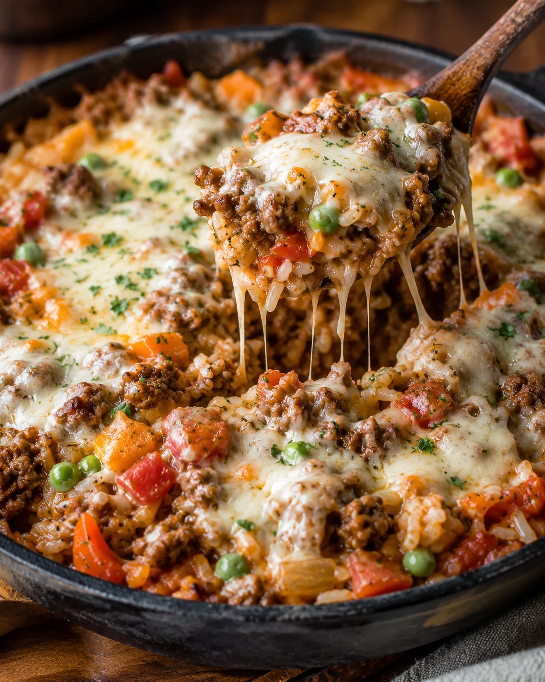 Hearty Italian beef and rice skillet topped with melted mozzarella cheese.