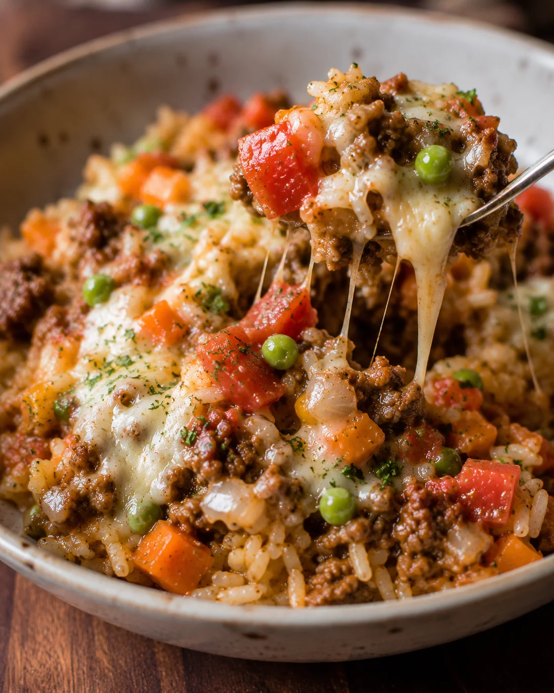 A hearty Italian beef and rice skillet topped with melted cheese and herbs
