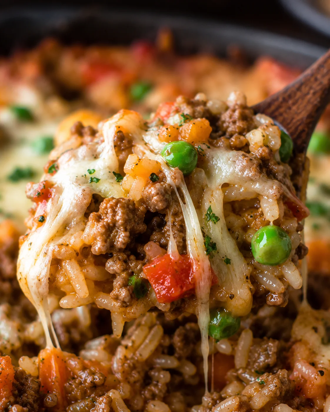 Close-up of a hearty Italian beef and rice skillet with melted cheese and vegetables