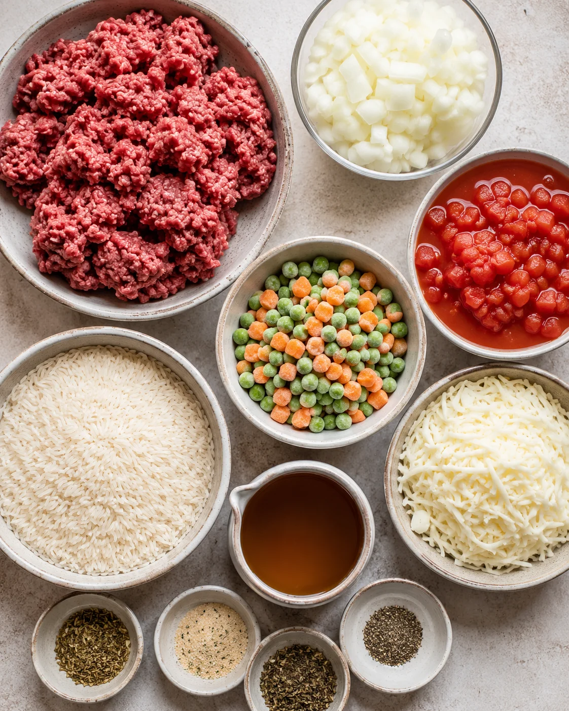 A colorful array of ingredients for Italian beef and rice skillet, including ground beef and vegetables