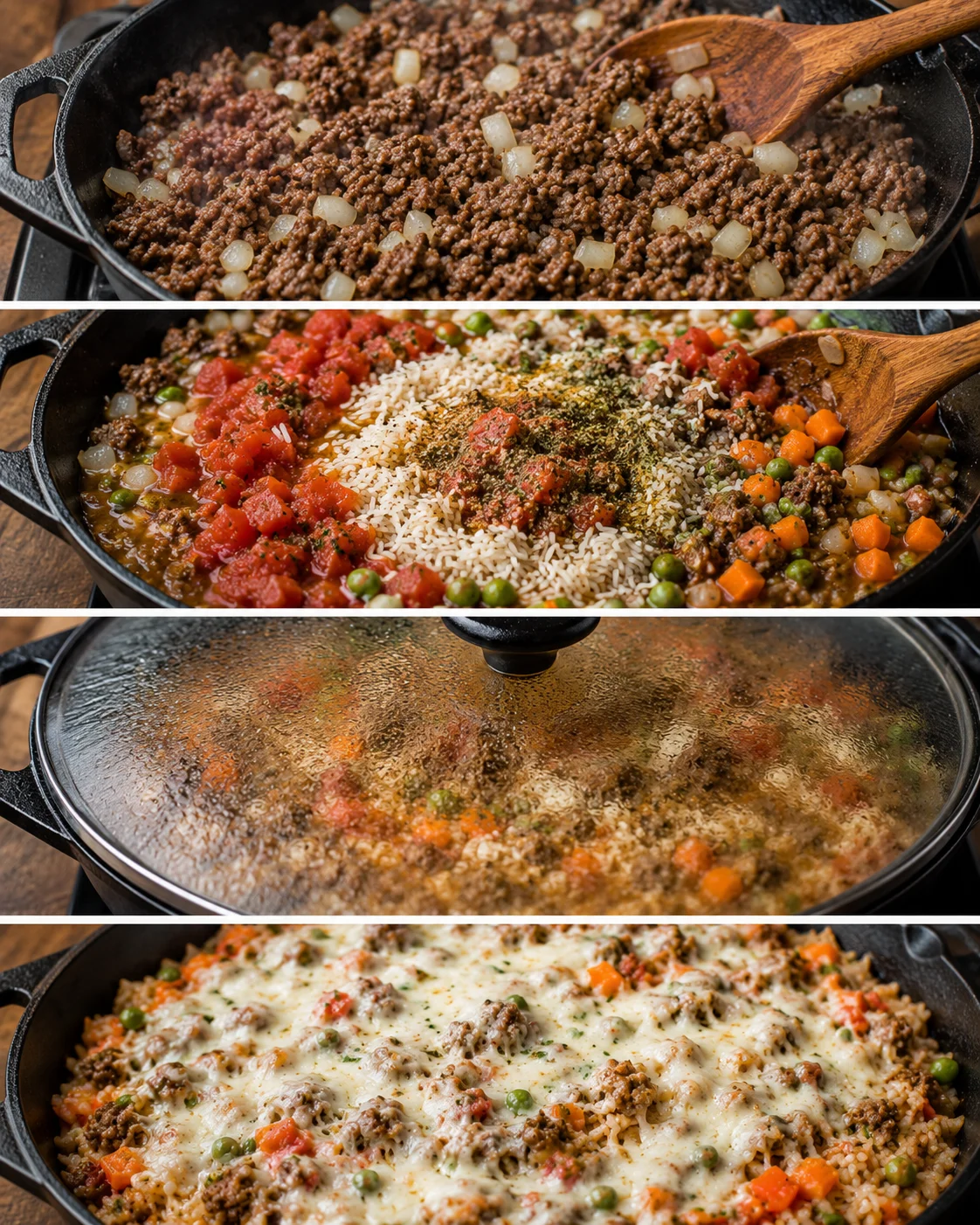 Hearty Italian beef and rice skillet topped with melted cheese and fresh parsley