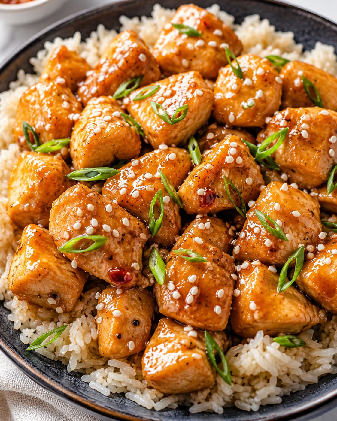 Delicious honey garlic chicken served over rice with green onions and sesame seeds