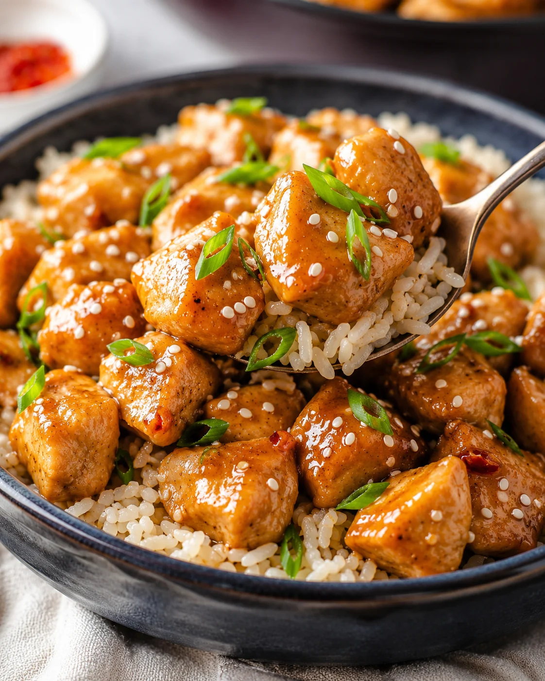 Delicious honey garlic chicken served over rice with green onions and sesame seeds.