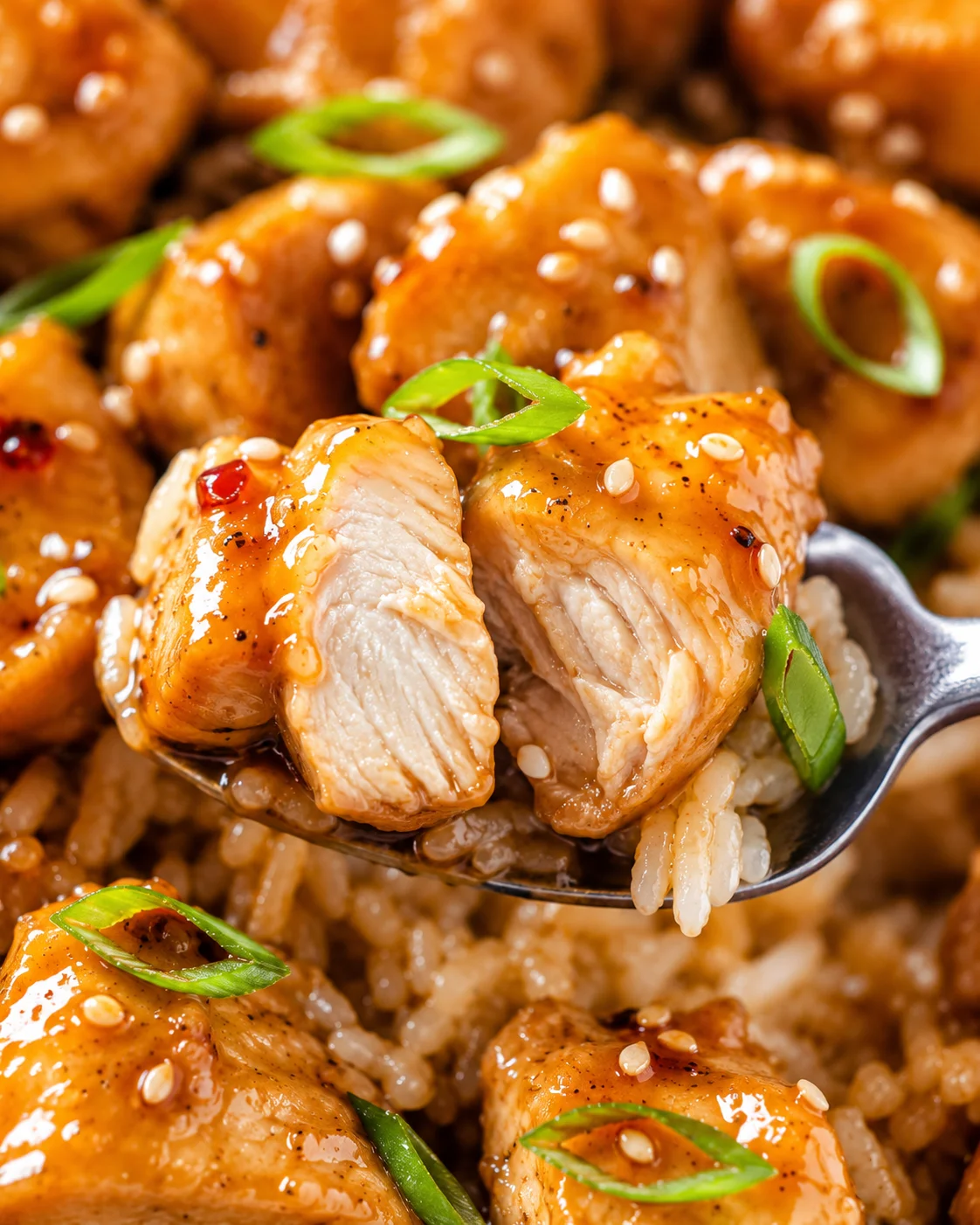 Close-up of sticky honey garlic chicken bites garnished with green onions.