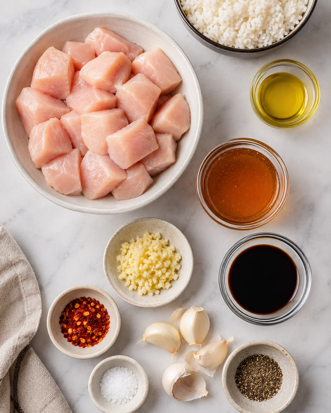Raw chicken cubes, rice, garlic, honey, soy sauce, and spices arranged on a white surface.