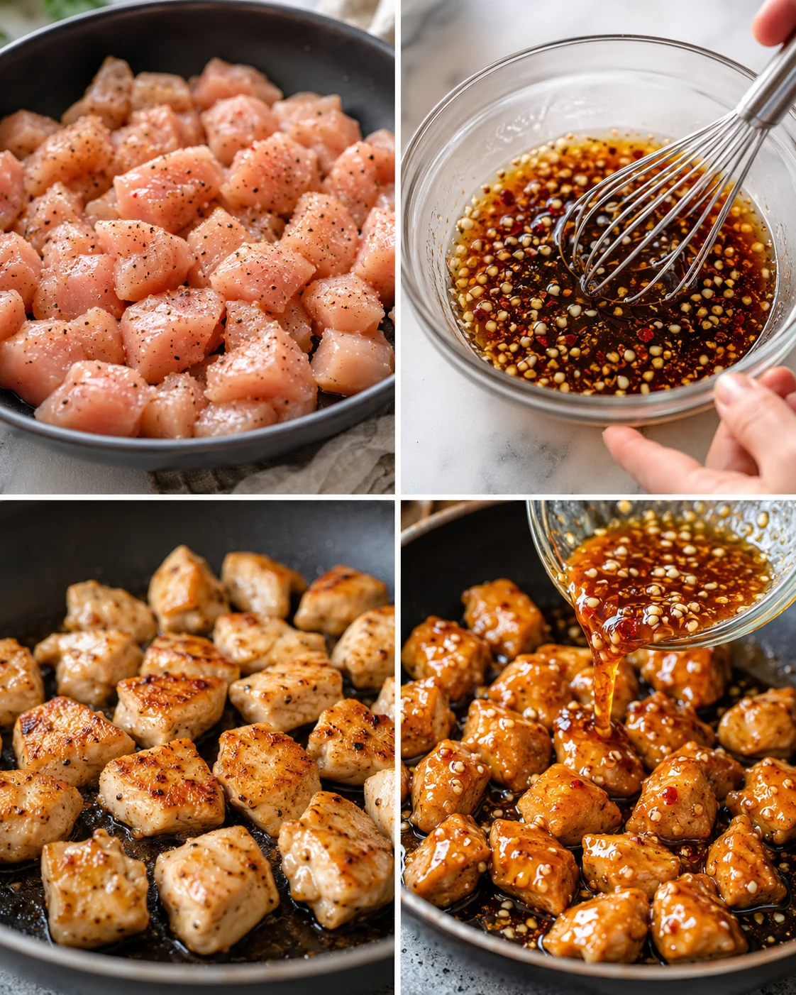 Close-up of cooking chicken cubes with honey garlic sauce in a pan.