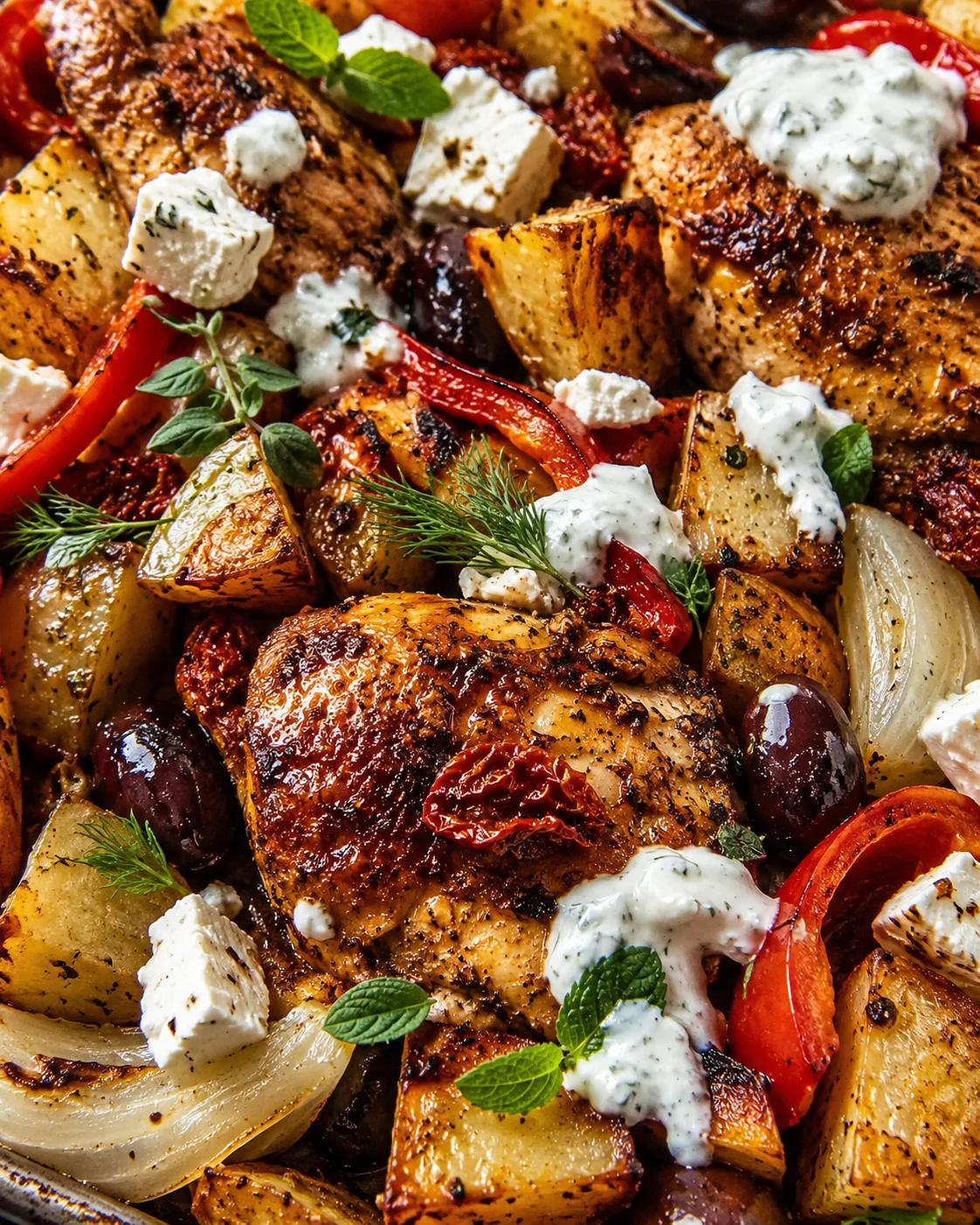 Close-up of roasted Greek chicken with potatoes, peppers, olives, and feta cheese.