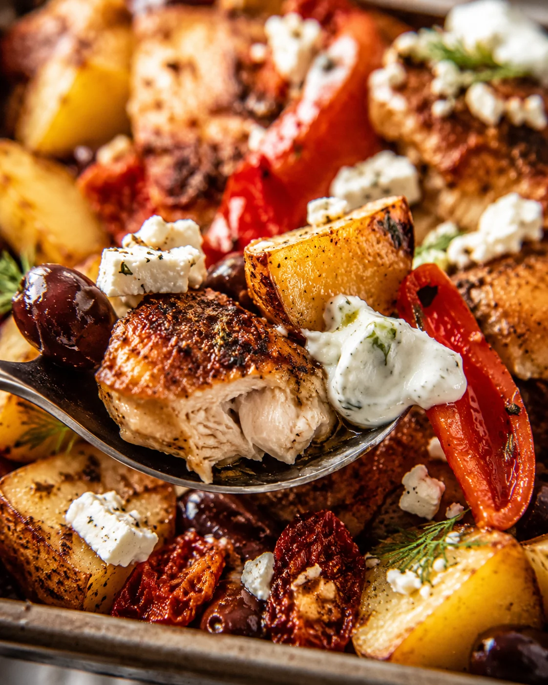 Roasted Greek chicken with potatoes, peppers, onions, and feta cheese on a sheet pan.