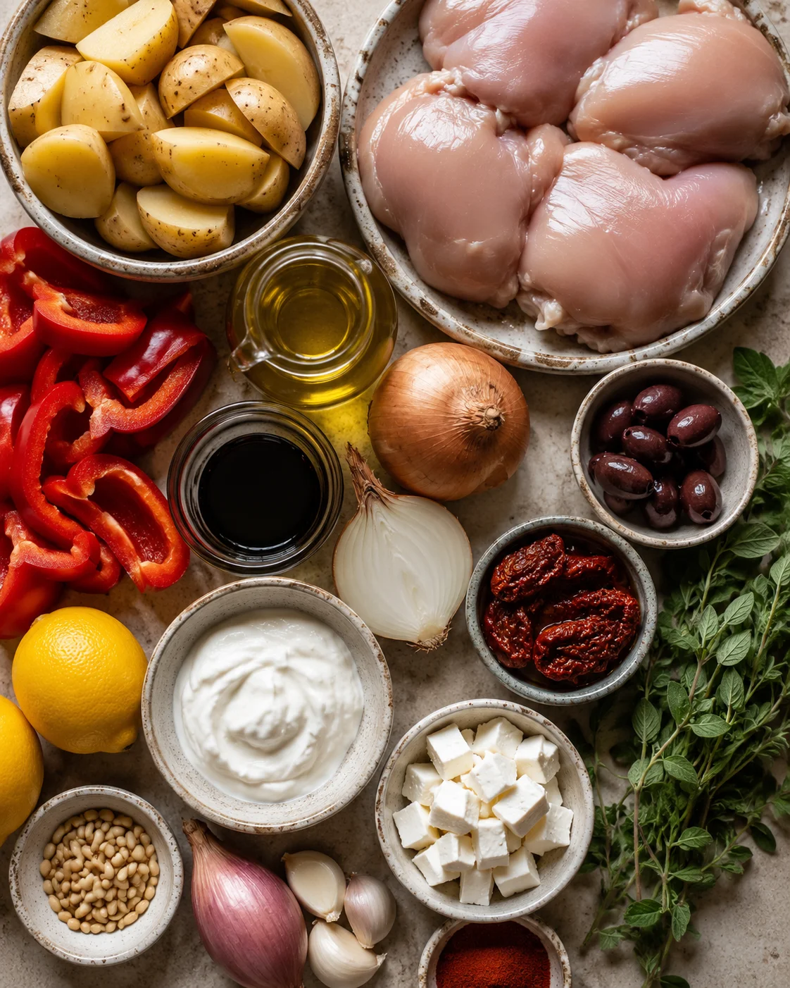 Ingredients for Greek chicken souvlaki with potatoes, peppers, olives, and feta cheese.