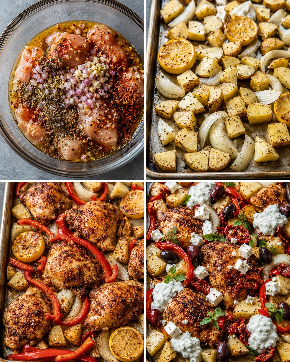 A colorful tray of roasted chicken, potatoes, peppers, onions, and feta cheese