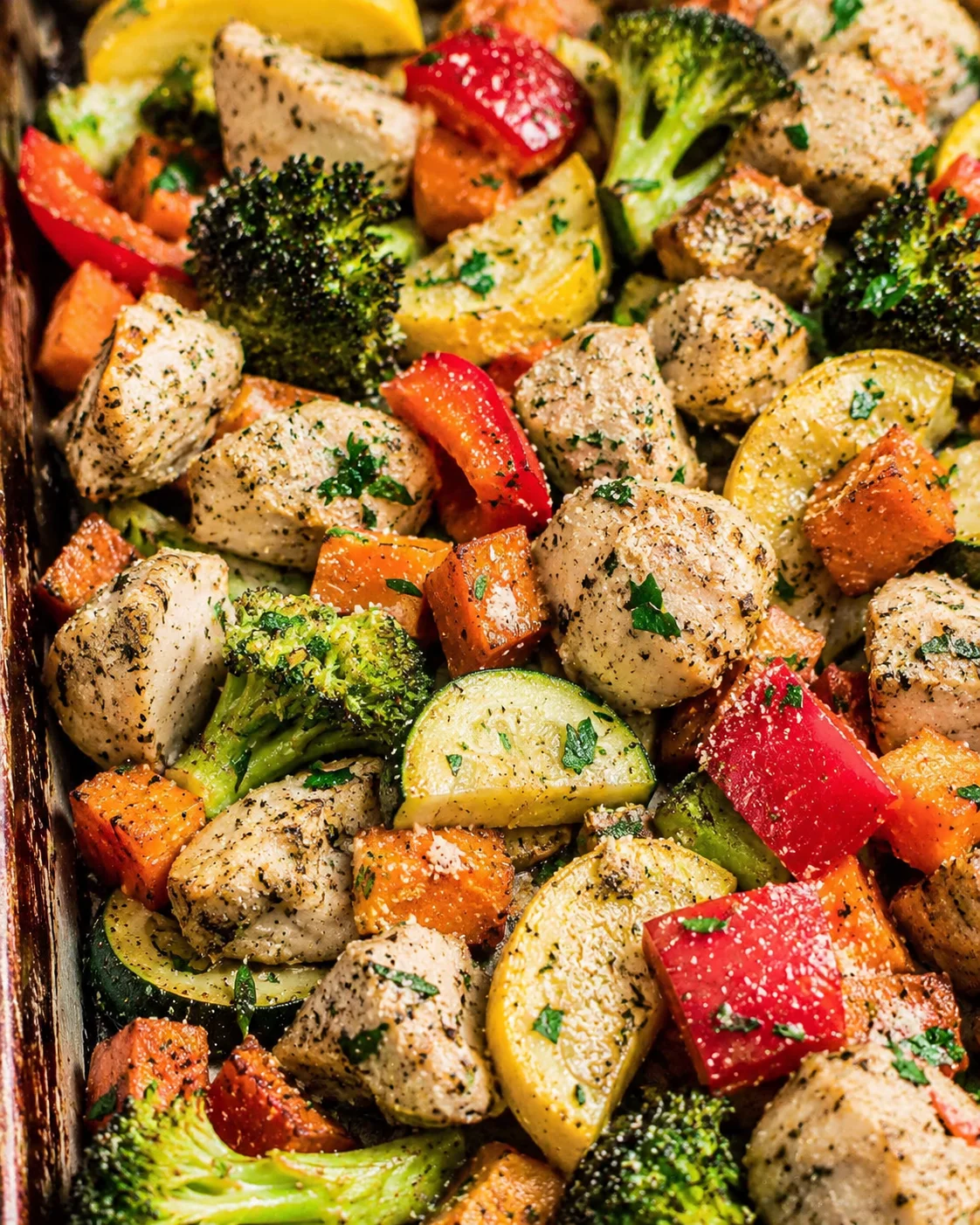 Delicious sheet pan chicken with vibrant rainbow vegetables in a baking dish