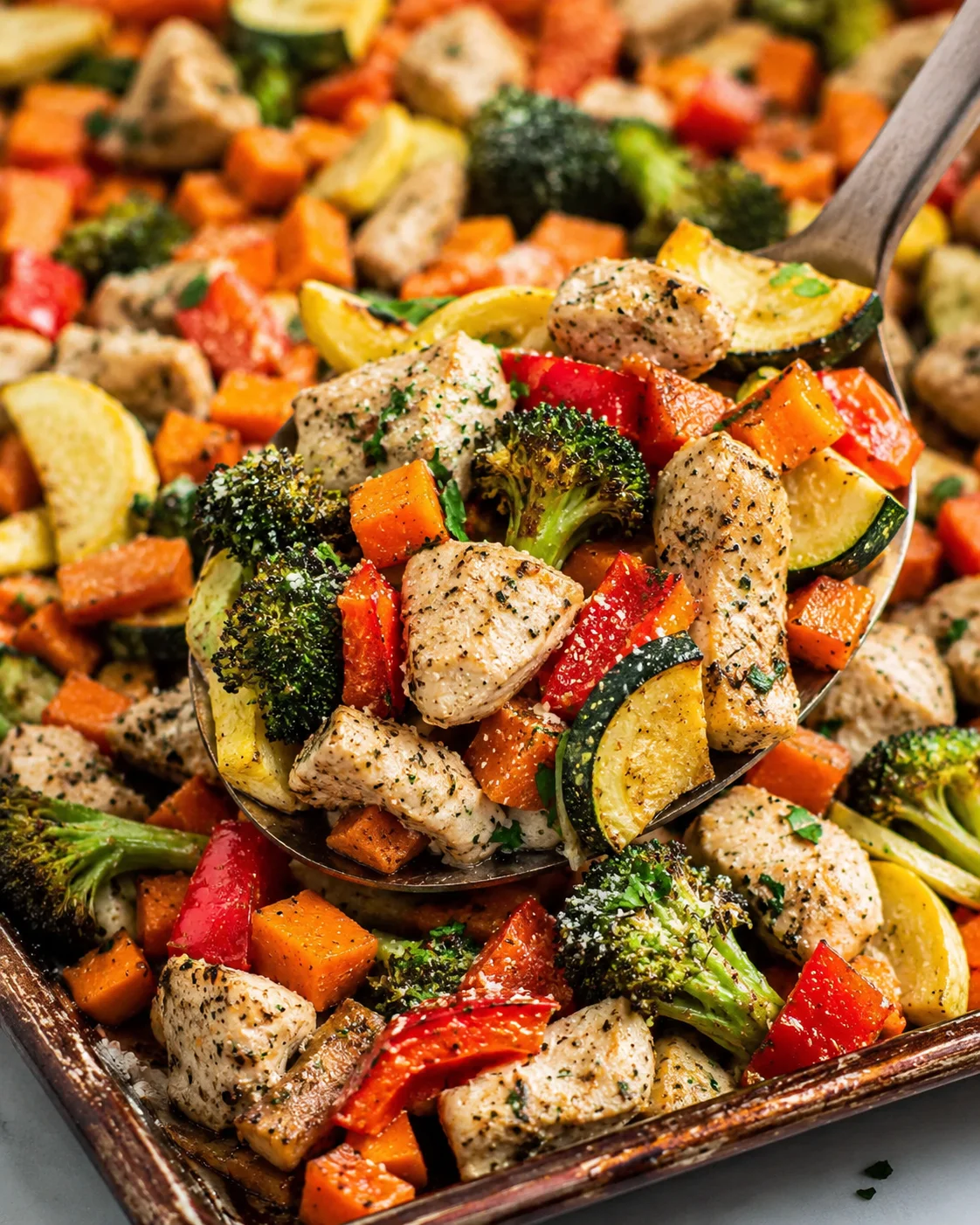 Colorful sheet pan chicken with mixed rainbow vegetables and lemon slices.