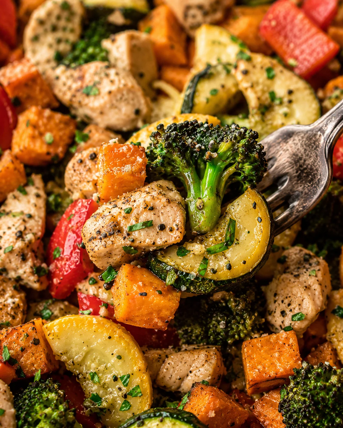 Vibrant roasted chicken and rainbow vegetables on a baking sheet, ready to serve