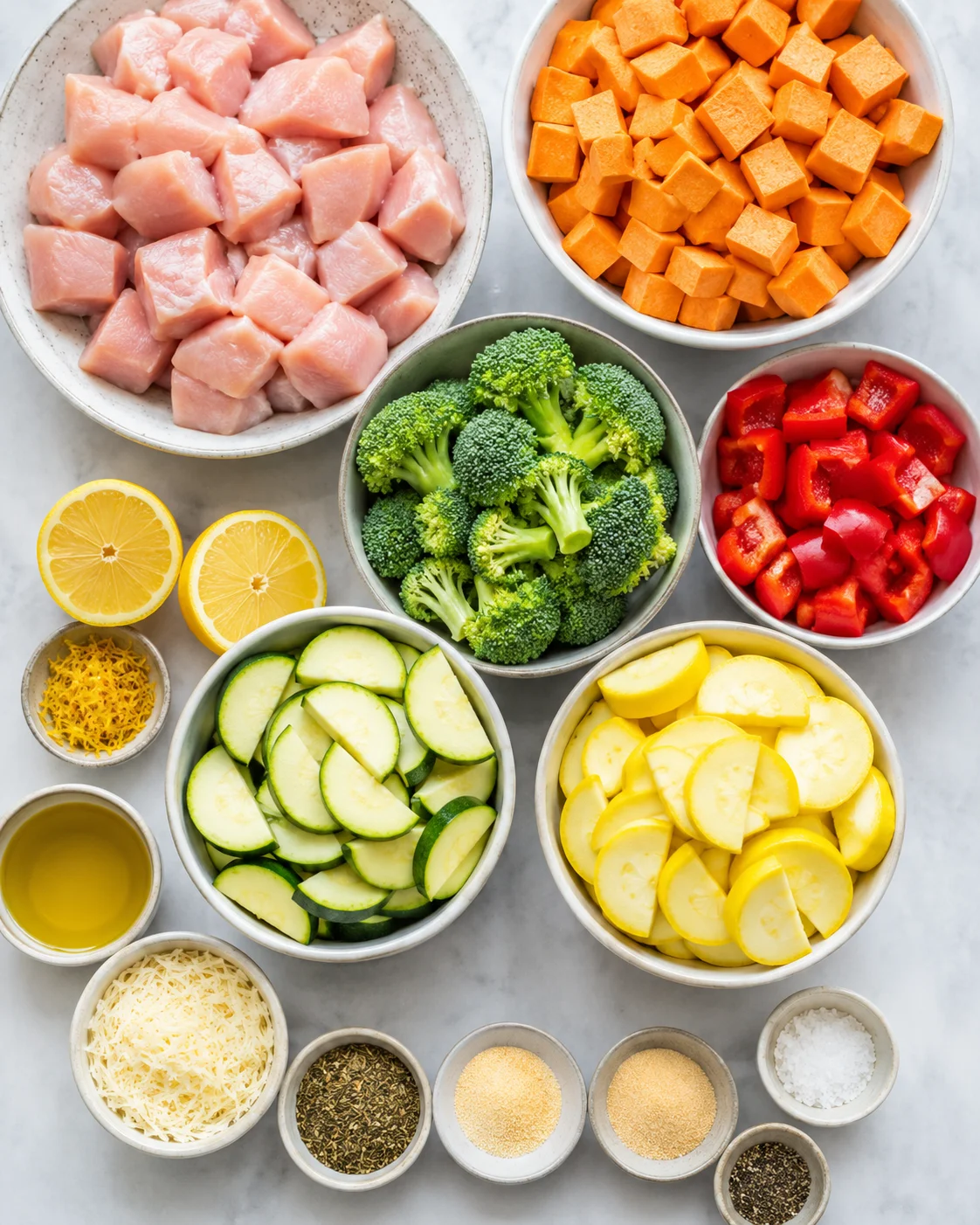 Colorful bowls of chicken, sweet potatoes, broccoli, red peppers, and zucchini for dinner.