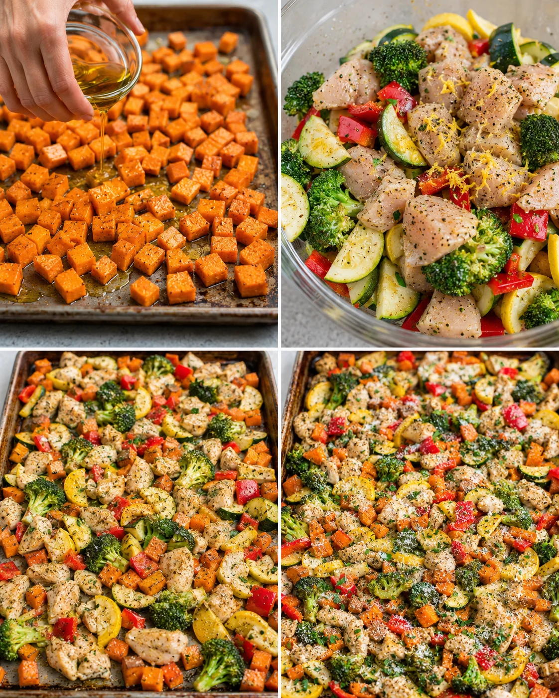 Vibrant sheet pan chicken with colorful rainbow vegetables, roasted to perfection.