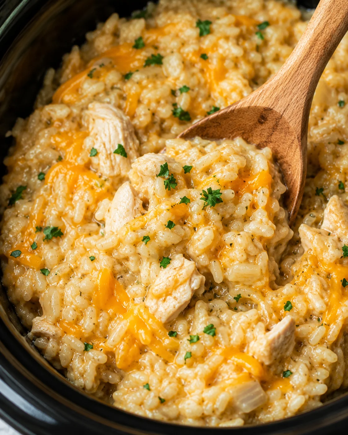 Close-up of cheesy, tender chicken and rice in a slow cooker dish garnished with herbs.
