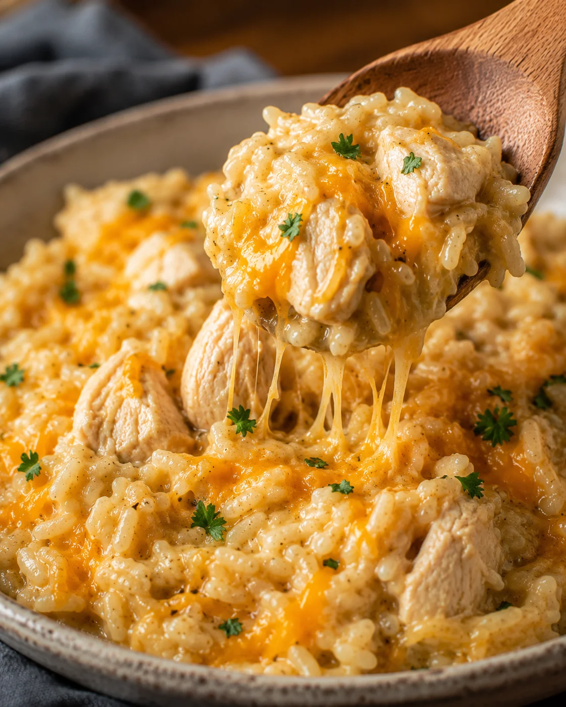 Delicious slow cooker chicken and rice dish with melted cheese and fresh herbs