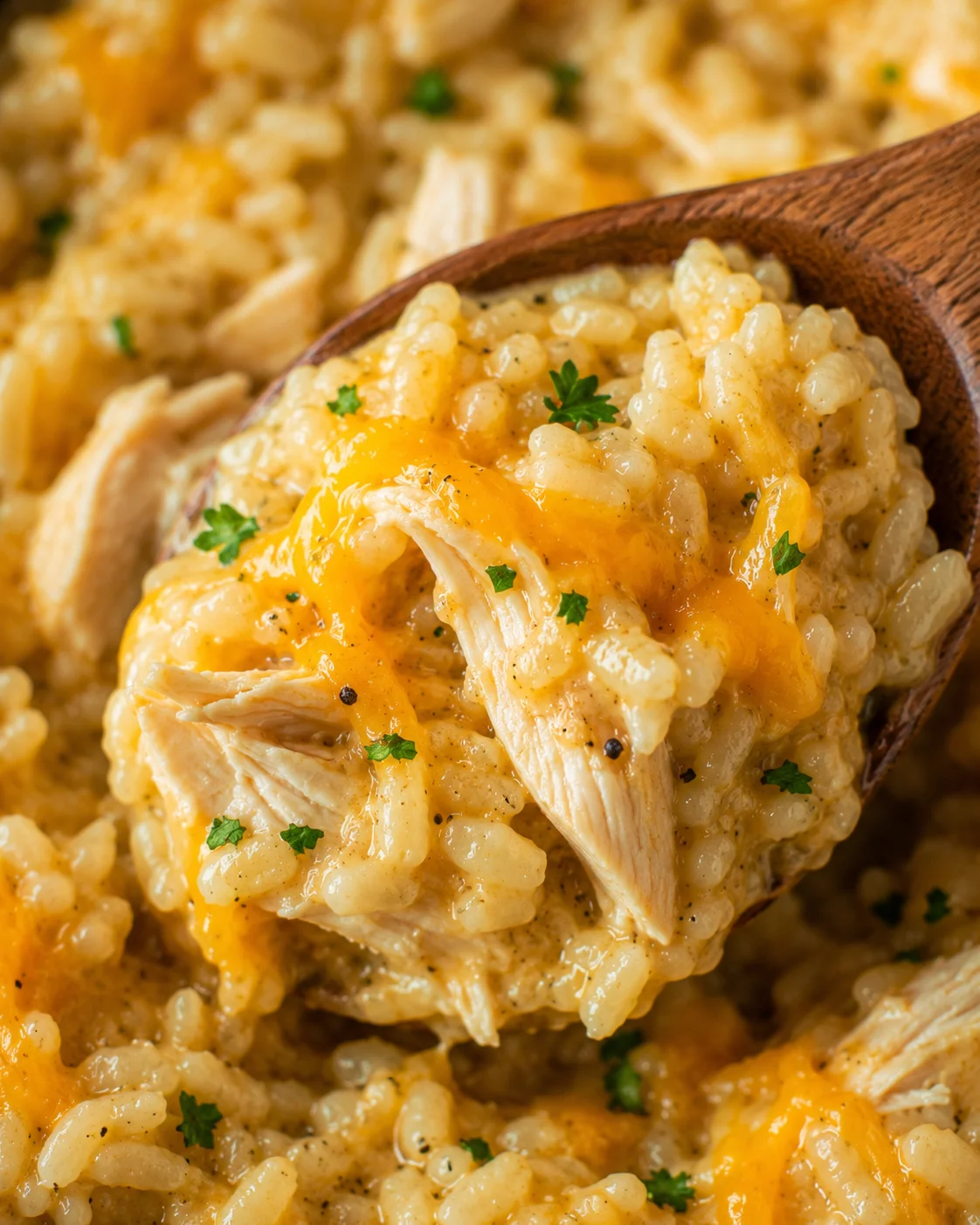 Close-up of cheesy, tender chicken and rice dish in a wooden spoon.