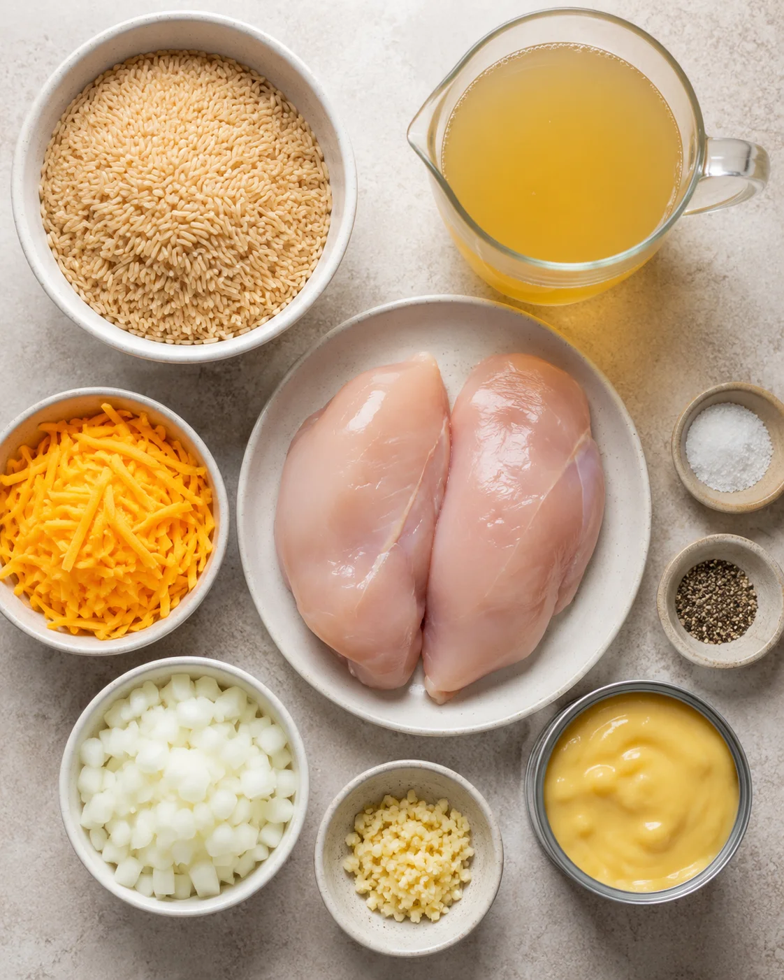 Overhead view of raw chicken breasts with rice, cheddar, onions, and garlic.