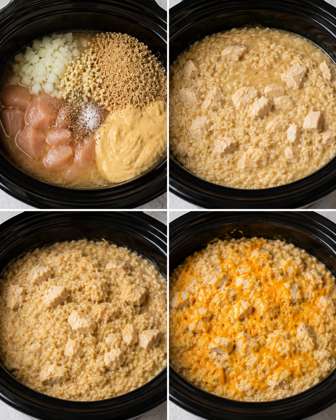 Step-by-step photos of cooking chicken, rice, cheese, and seasonings in a slow cooker.
