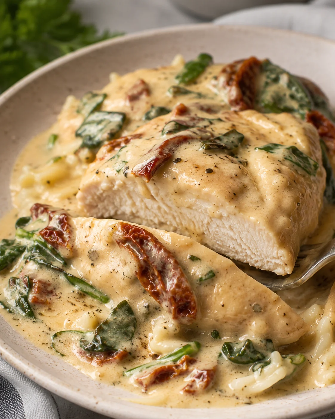 Tender chicken breasts cooked in a creamy, Italian-inspired sauce with sun-dried tomatoes and spinach