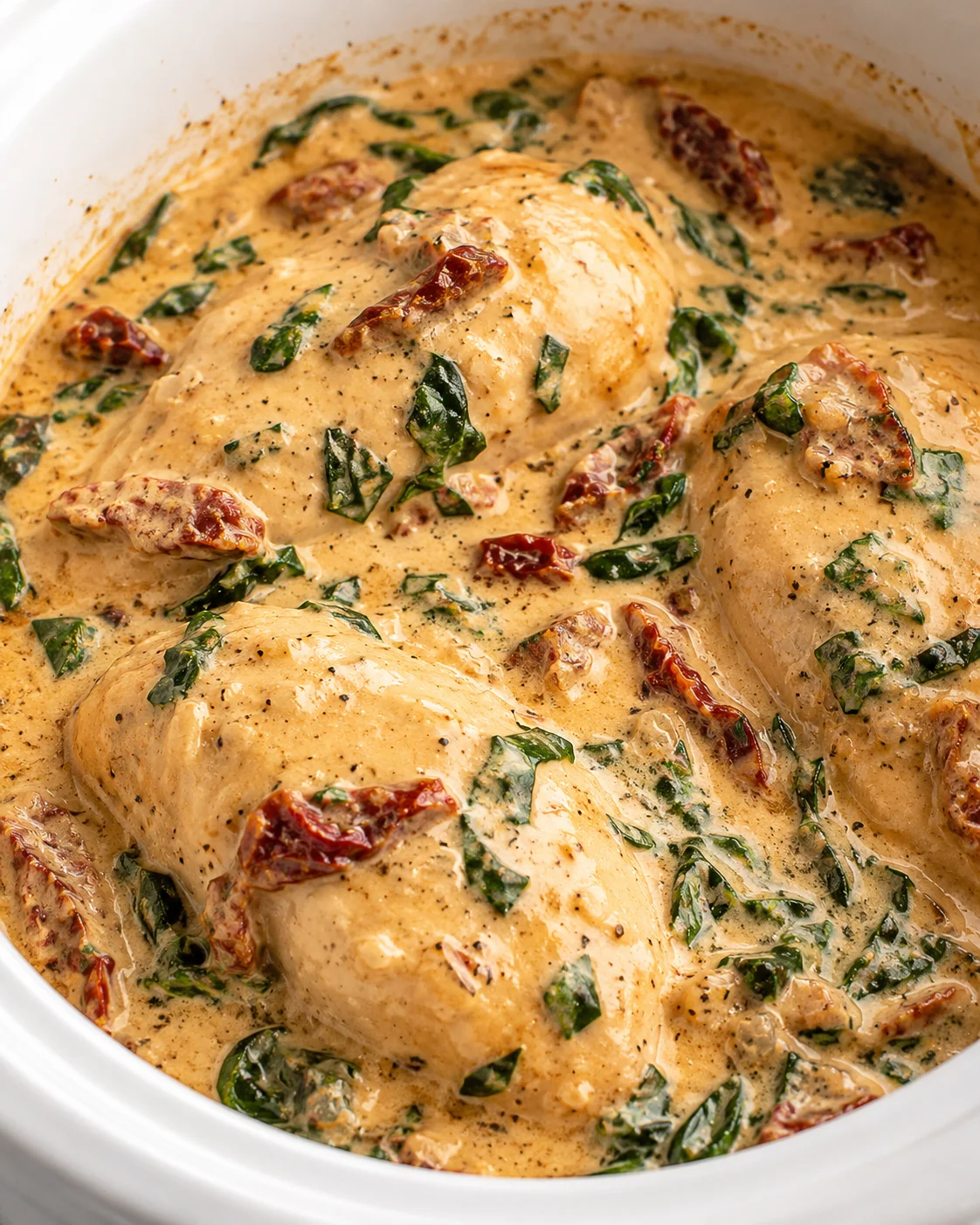 Creamy Crockpot Tuscan Chicken with sun-dried tomatoes and spinach in a white dish