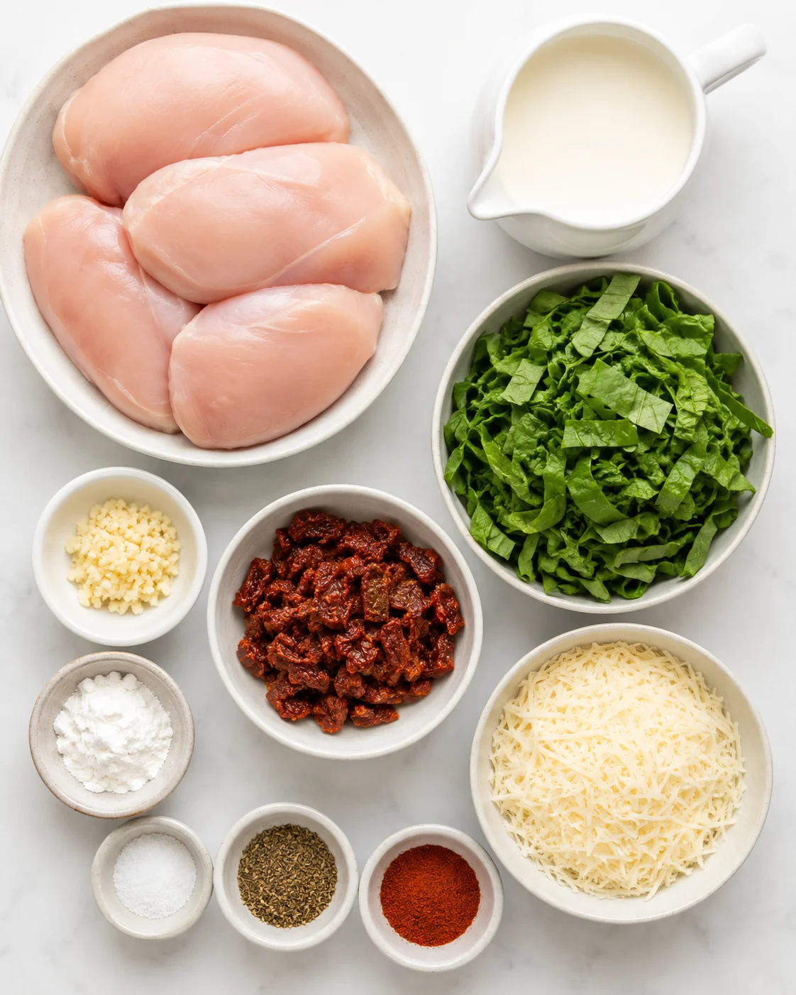 Raw chicken breasts with spinach, sun-dried tomatoes, and cheese for casserole