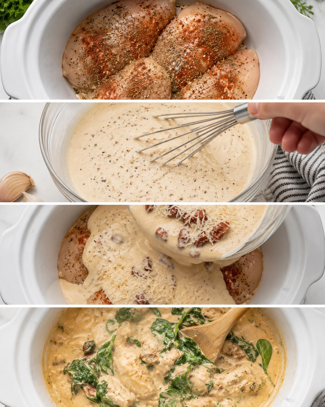 Slow cooker Tuscan chicken with creamy sauce, sun-dried tomatoes, spinach, and Parmesan cheese