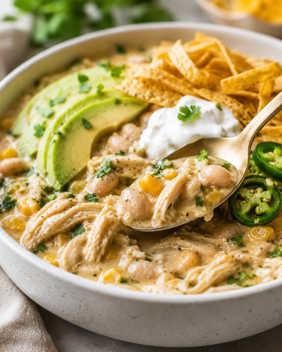 Delicious crockpot white chicken chili topped with avocado, sour cream, and jalapeños.