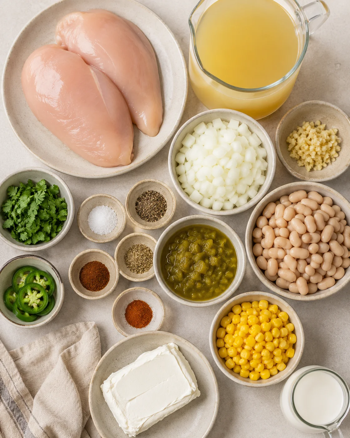 Ingredients for creamy white chicken chili with chicken, beans, and spices laid out.
