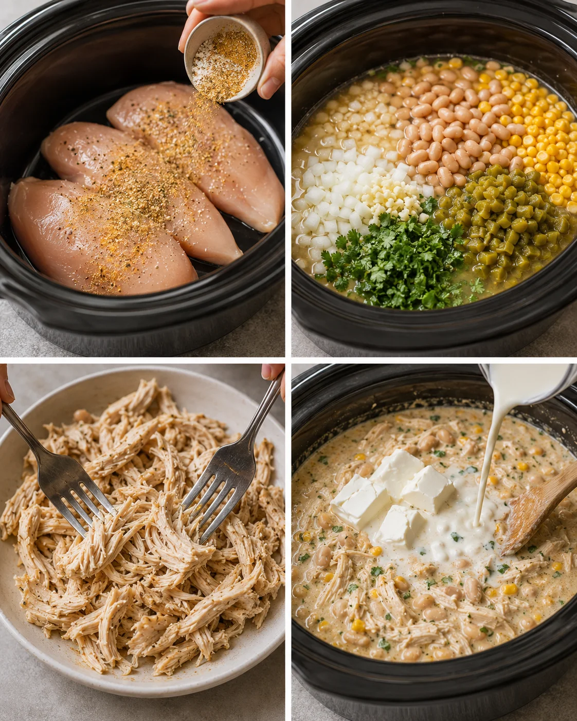 Step-by-step images of preparing creamy white chicken chili in a slow cooker.