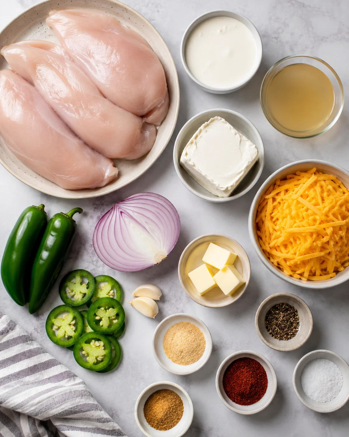 Raw chicken, vegetables, and cheese ingredients displayed for keto recipe
