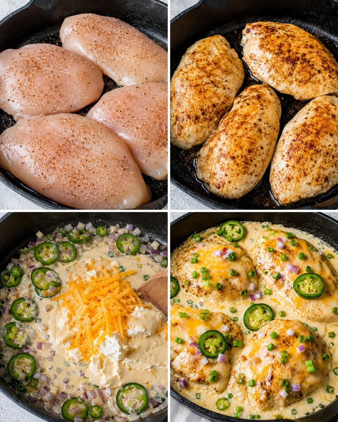 Juicy spicy chicken breast cooked with jalapenos and melted cheese in a skillet